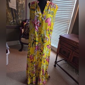 Bright Yellow Floral Maxi Dress - Sleeveless V-Neck